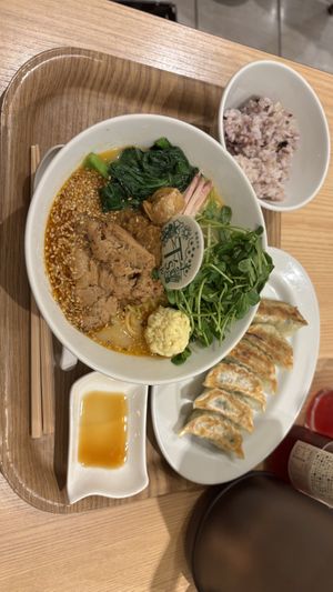 Golden sesame ramen with gyoza   at T's Tantan - Tokyo JR Station in Tokyo