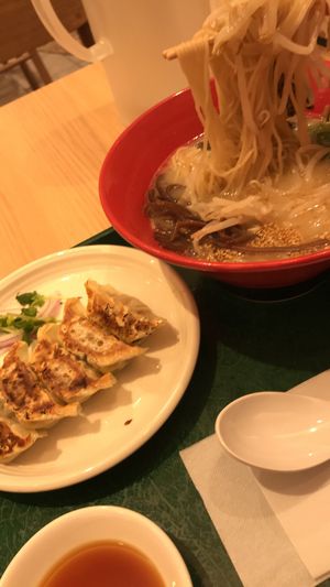 Vegetable gyoza and ramen at T's Tantan - Tokyo JR Station in Tokyo