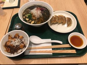 Black sesame, mao pow tofu and gyozas at T's Tantan - Tokyo JR Station in Tokyo