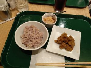Vegan karage, rice side dish and caramel pudding at T's Tantan - Tokyo JR Station in Tokyo