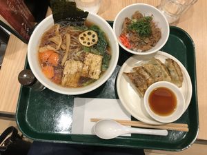 Ramen, mock beef and gyoza at T's Tantan - Tokyo JR Station in Tokyo