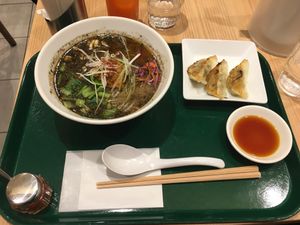 Black sesame ramen and vegan gyoza!  at T's Tantan - Tokyo JR Station in Tokyo