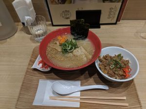 Vegan tonkatsu and soy beef meat set. at T's Tantan - Tokyo JR Station in Tokyo