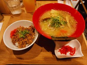 Tonkatsu ramen with soy-meat and rice  at T's Tantan - Tokyo JR Station in Tokyo