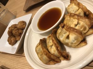 Perfect gyozas and soy meat chunks 👌🏼 at T's Tantan - Tokyo JR Station in Tokyo