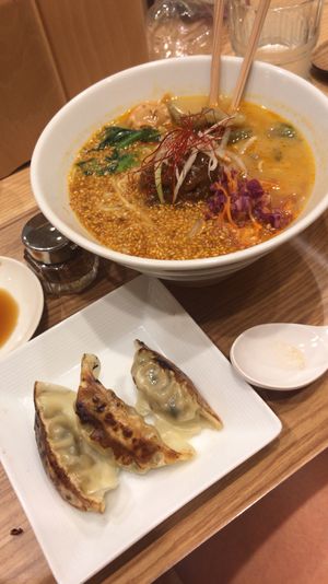Gyoza and gold sesame ramen at T's Tantan - Tokyo JR Station in Tokyo