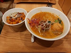 Gold-sesame tantan and ma-po tofu bowl set at T's Tantan - Tokyo JR Station in Tokyo