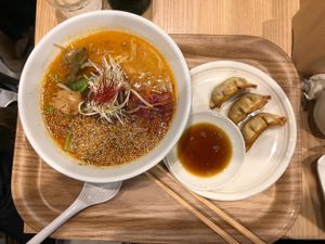 Vegan Ramen and Gyozas. ☺ at T's Tantan - Tokyo JR Station in Tokyo