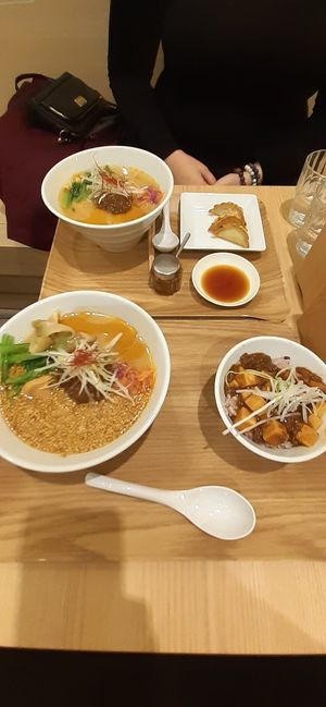 White sesame ramen set meal with gyoza and golden sesame ramen set meal with tofu curry. at T's Tantan - Tokyo JR Station in Tokyo
