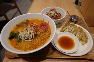 Ramen, pot stickers, and soy meat at T's Tantan - Tokyo JR Station in Tokyo