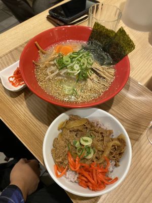 Tonkotsu ramen and vegan gyudon at T's Tantan - Tokyo JR Station in Tokyo