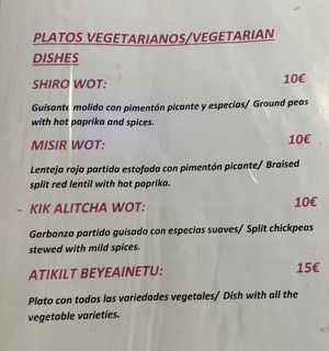 Vegetarian/vegan menu  at Restaurante Habesha in Madrid