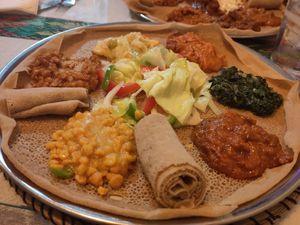 Combined plate (vegetarian made vegan) at Restaurante Habesha in Madrid