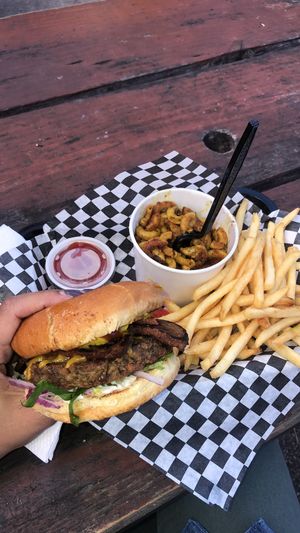Bacon Cheeseburger with Fries and Mac! at Arlo's Food Truck - Cheerup Charlie's in Austin
