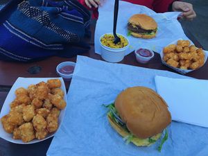 Two Bac'n and Cheezeburgers, Tater Tots and Macaroni N' Cheeze at Arlo's Food Truck - Cheerup Charlie's in Austin