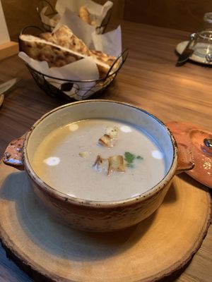 Chestnut soup (sweet but tasty) bread comes with it (like a pizza dough)  at Lazy Farmers in Seoul