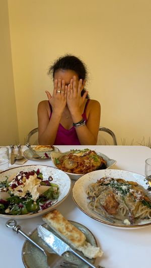 Happy with salad, pasta, and paella.   at Lazy Farmers in Seoul