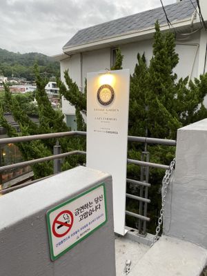 This could be easy to miss from the road.  Go down the stairs when you see this sign!  at Lazy Farmers in Seoul