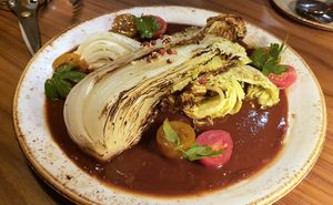 napa cabbage salad on chocolate sauce at Lazy Farmers in Seoul