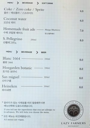 drink menu at Lazy Farmers in Seoul
