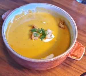 Pumpkin cream soup - close-up at Lazy Farmers in Seoul