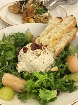 Peach salad with home made vegan ricotta cheese   at Lazy Farmers in Seoul