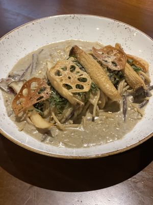 Miso cream past with mushroom, bracken, and lotus root chips  at Lazy Farmers in Seoul