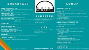 Food menu at Sunrise Minturn in Minturn