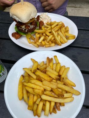 portion of fries, the "commissioners" vegan burger at New Forest Inn in Lyndhurst