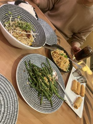 Vegan spring rolls, cold noodles, cauliflower fried rice and garlic green beans.  at Mandalay Bay Hotel - Noodle Shop in Las Vegas