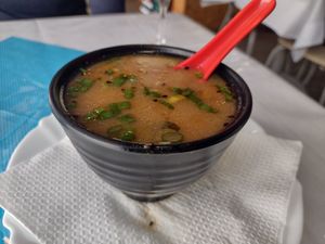 Miso soup at Poke & Pizza House in Lisbon
