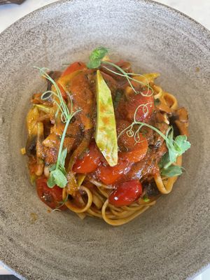 Pasta with tomatoes and roasted vegetables   at Ekies All Senses Resort in Vourvourou