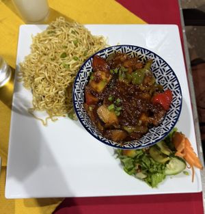 Jamaican vegetables with noodles (not sure if noodles are vegan?)  at YOSH in Serrekunda