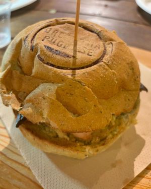 Panino vegano con hummus di ceci, lampascioni, melanzane, pomodori secchi  at Drogheria Pugliese in Ostuni