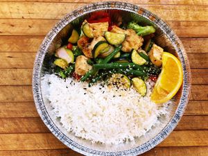 Chicken stir fry with Basmati Rice  at The Allways Cafe in Huntingdon Valley