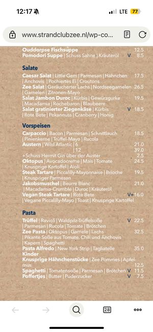 Menü  at Strandclub Zee in Ouddorp