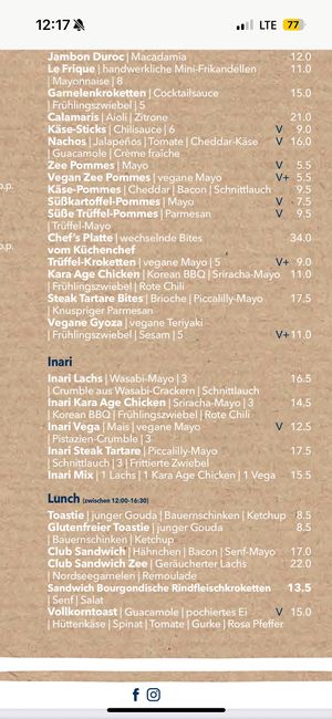 Menü  at Strandclub Zee in Ouddorp