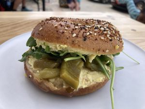 Tofu “egg” salad everything bagel   at Picnic in Sagres