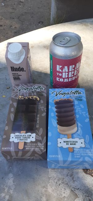 Vegan ice creams, hibiscus kombucha and chocolate oat milk (yummy!) at La Despensa Vegana in Montevideo