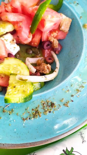 Greek salad with vegan feta at Veganissimo in Santorini
