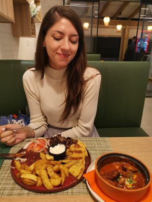 enjoying life! gyros and baked feta and aubergine at Veganissimo in Santorini