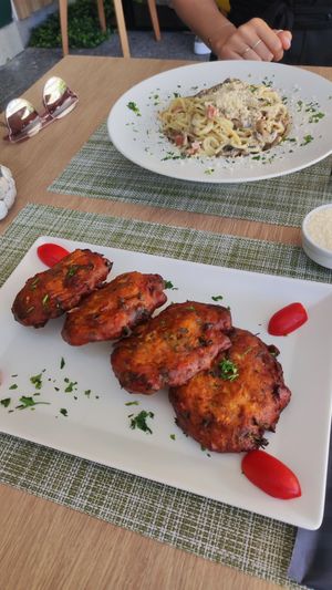 second day - tomato fritters and carbonara at Veganissimo in Santorini