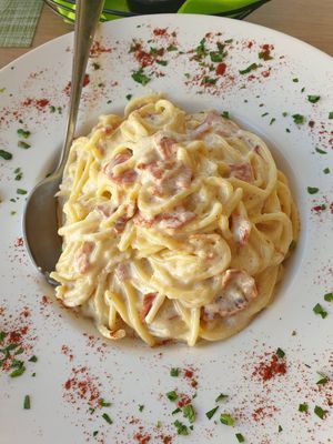 Carbonara €14.00 at Veganissimo in Santorini