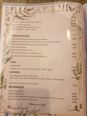 Menu June 2023 at Veganissimo in Santorini