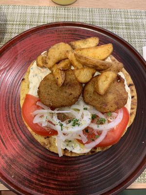 Vegan falafel souvlaki (excellent!!)  at Veganissimo in Santorini