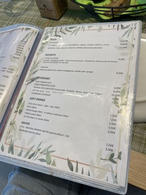 Menu… Meat, fish… 😢😏  at Veganissimo in Santorini
