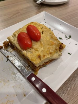 Mousakas at Veganissimo in Santorini