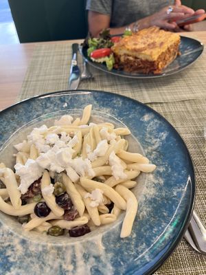 Pasta and moussaka   at Veganissimo in Santorini