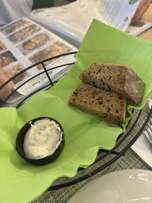 Brought to the table free of charge. Bread with coleslaw  at Veganissimo in Santorini