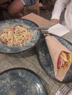 Carbonara, chicken souv at Veganissimo in Santorini